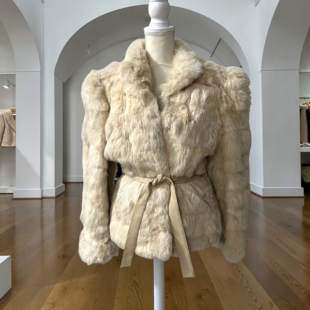Wilsons Leather Vintage‎ Cream Rabbit Fur Belted Jacket Size M